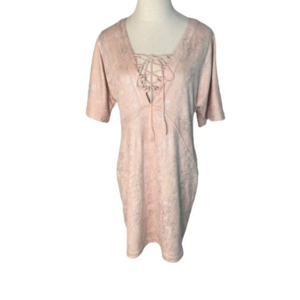 Uncle Frank Snakeskin Pattern Shimmery Lace Up Tunic Mini Dress Pink Silver S